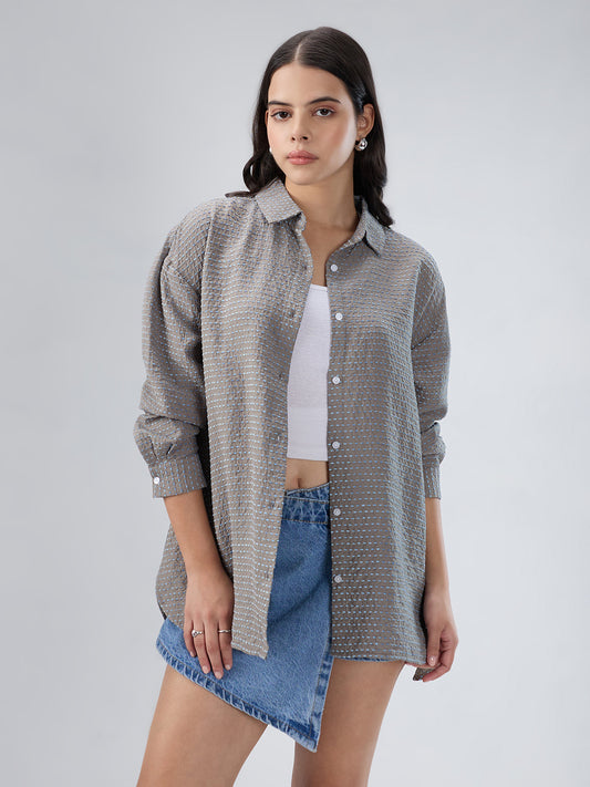 Grey & Blue Dotted Jacquard Oversized Shirt