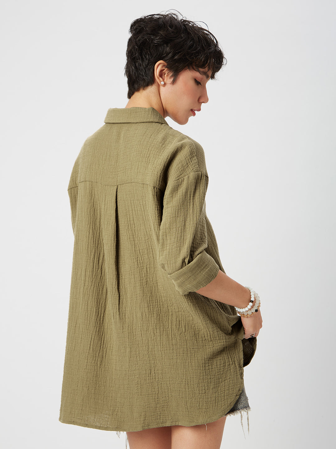 French Beige Solid Double Cloth Oversized Shirt