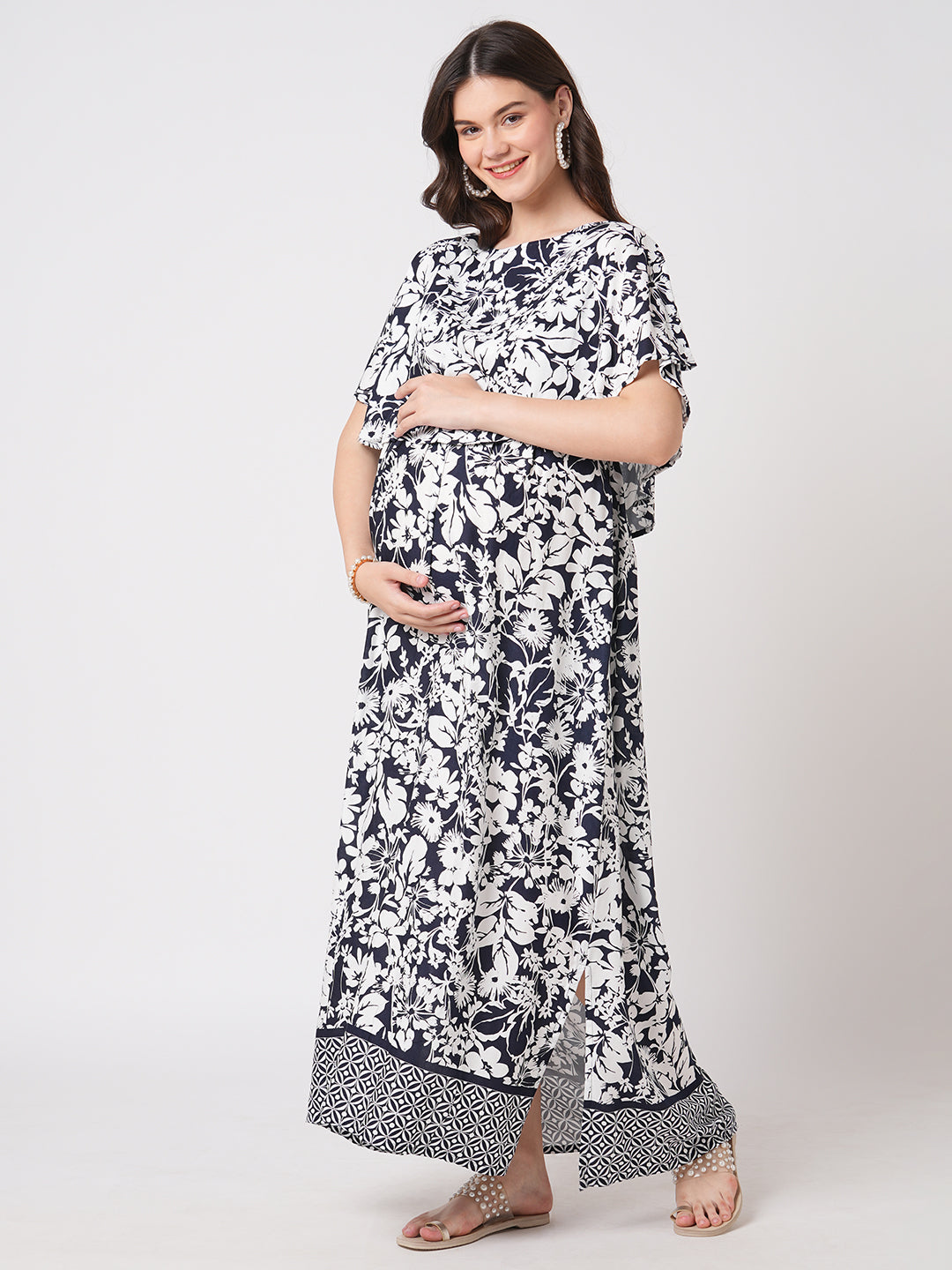 Monochrome Bloom Printed Maternity Dress