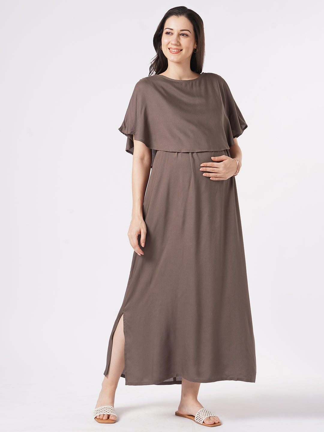 Sepia Brown Solid Comfy Maternity Dress