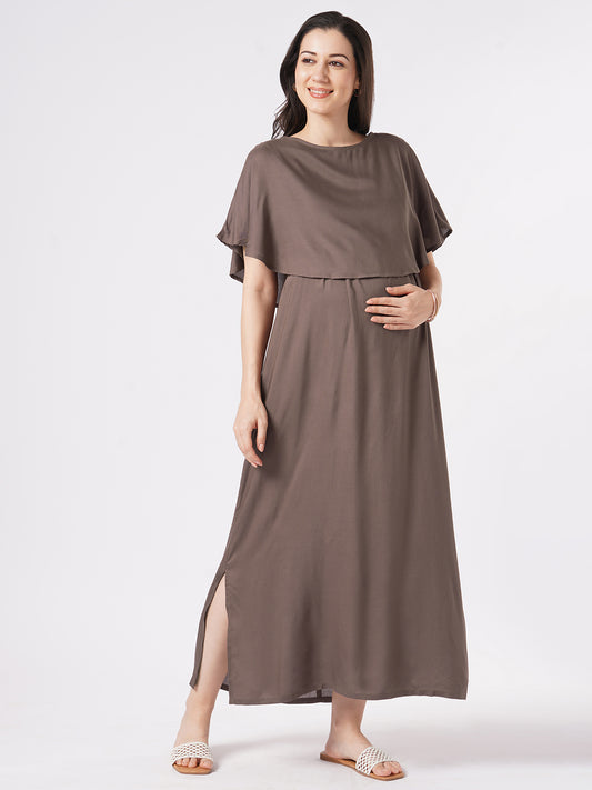 Sepia Brown Solid Comfy Maternity Dress
