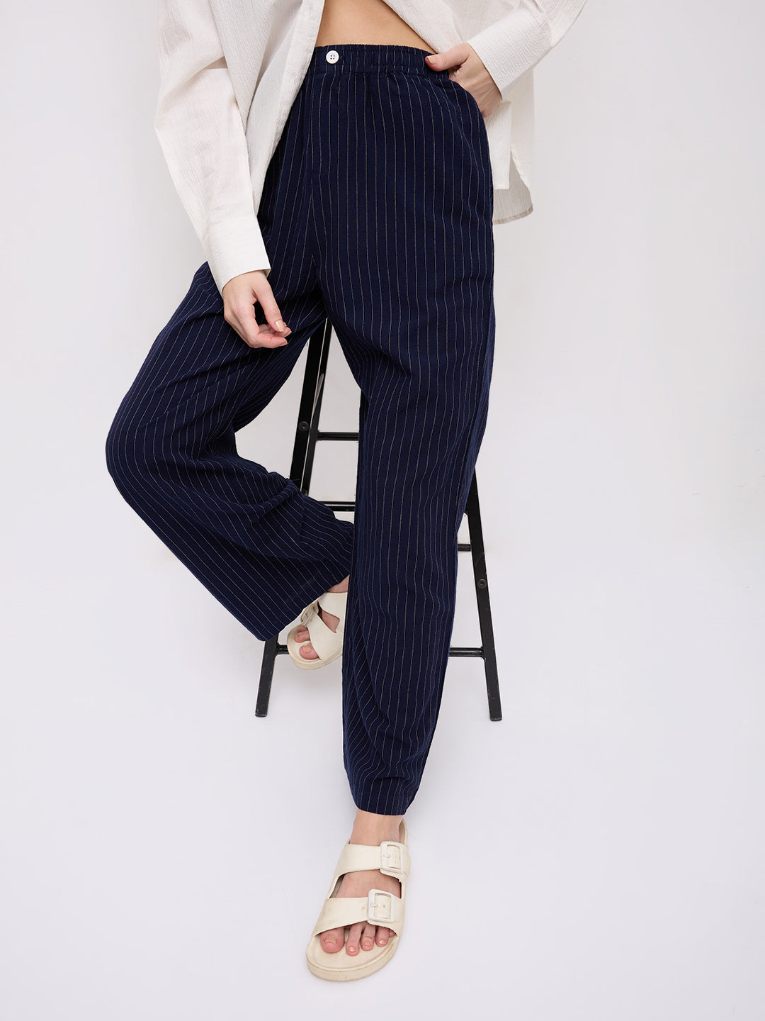 Deep Navy Pin Stripe Wide Leg Trousers