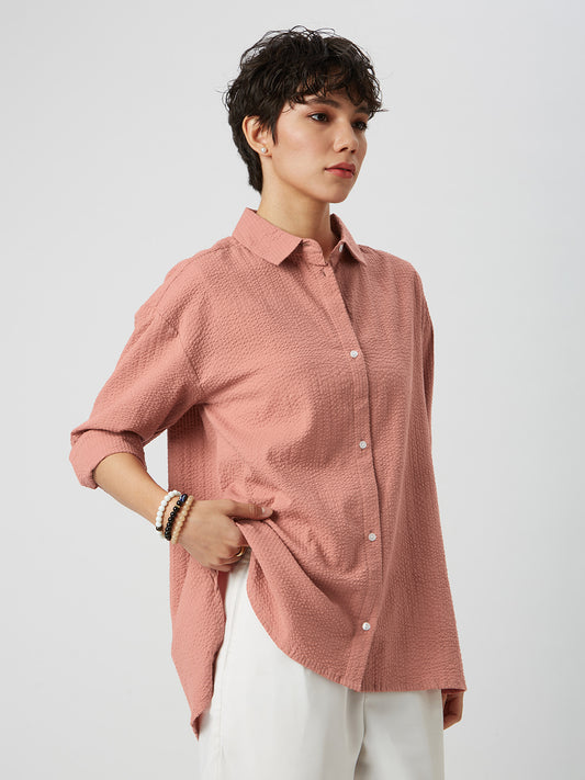 Coral Pink Seersucker Oversized Shirt