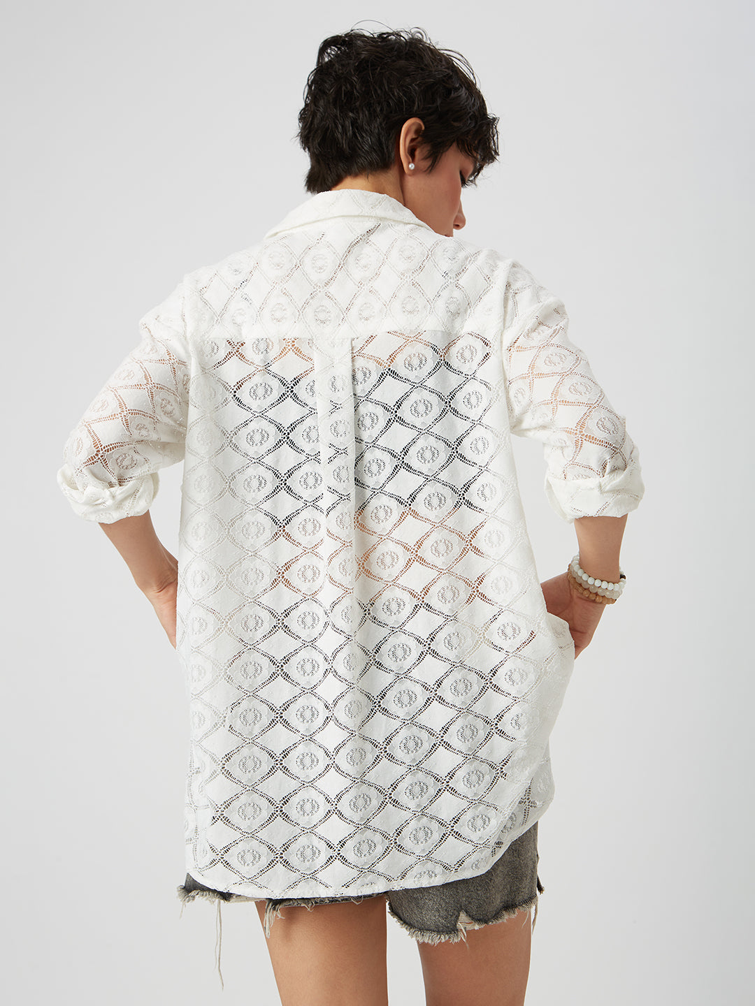 White Lace Crochet Oversized Shirt