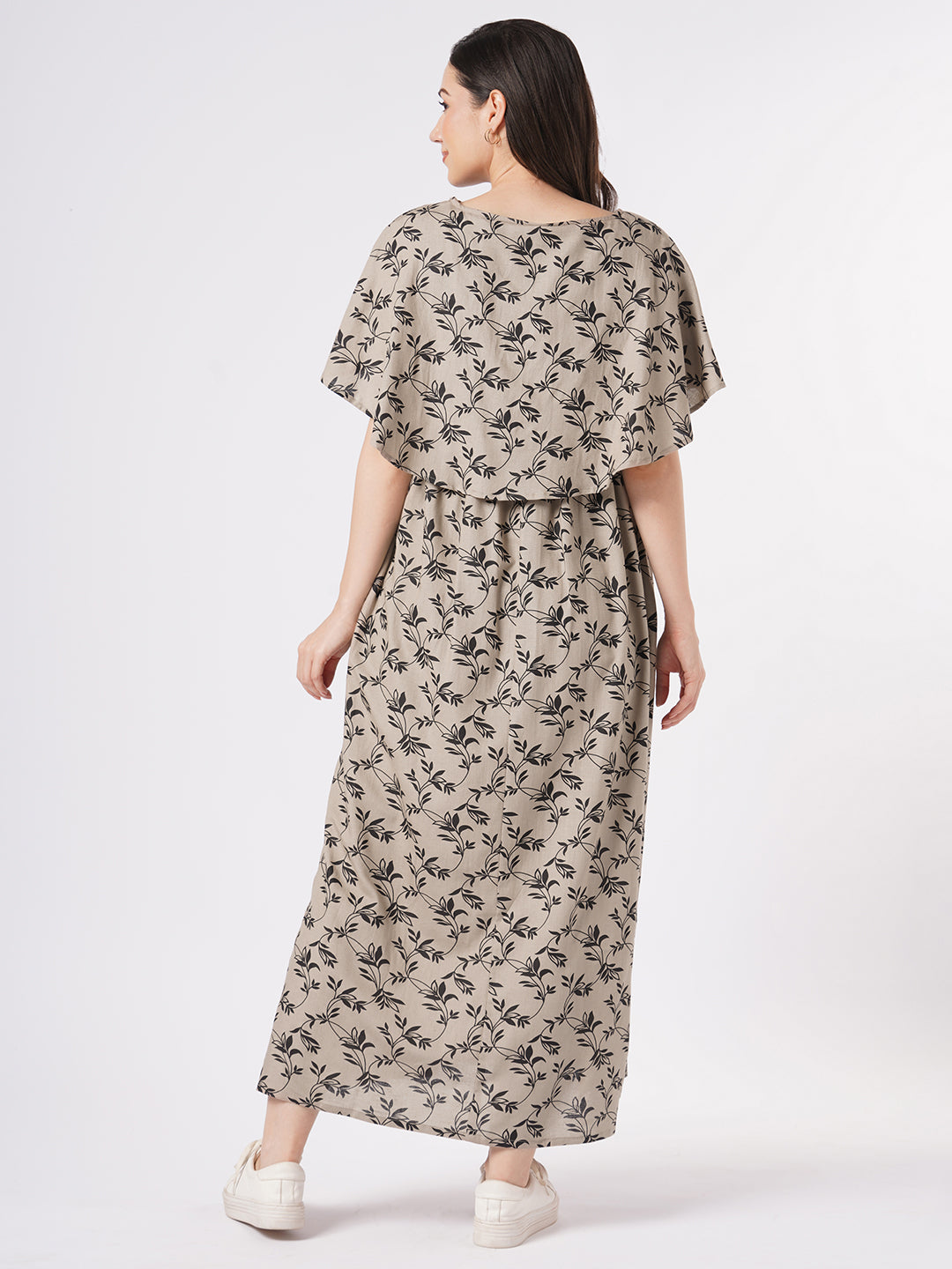 Taupe Leafy Printed Comfy Maternity Dress