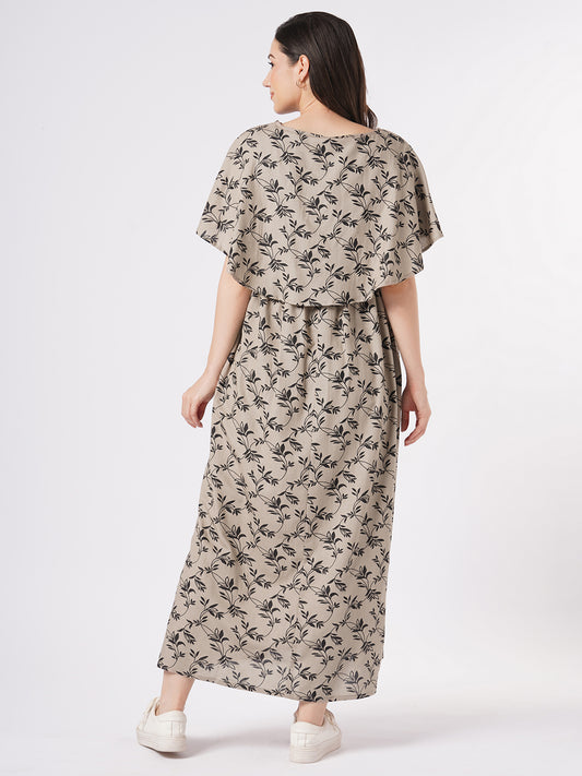 Taupe Leafy Printed Comfy Maternity Dress