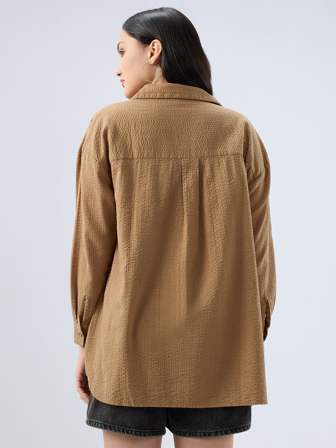 Tan Beige Seersucker Oversized Shirt