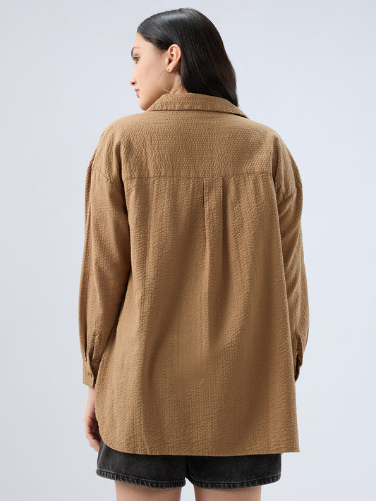 Tan Beige Seersucker Oversized Shirt