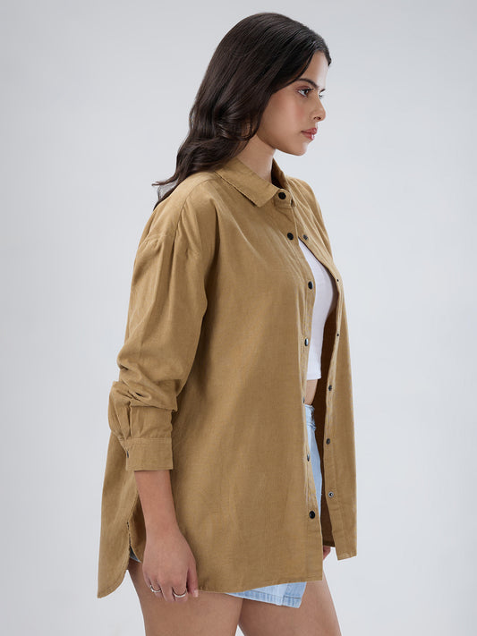 Solid Tan Beige Corduroy Oversized Shirt