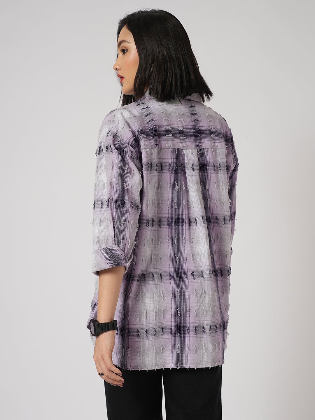 Multicolor Self Design Frayed Oversized Shirt