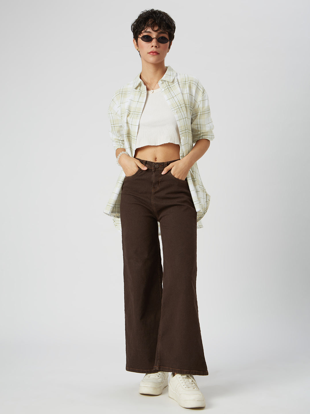 Beige & Olive Tartan Checked Oversized Shirt
