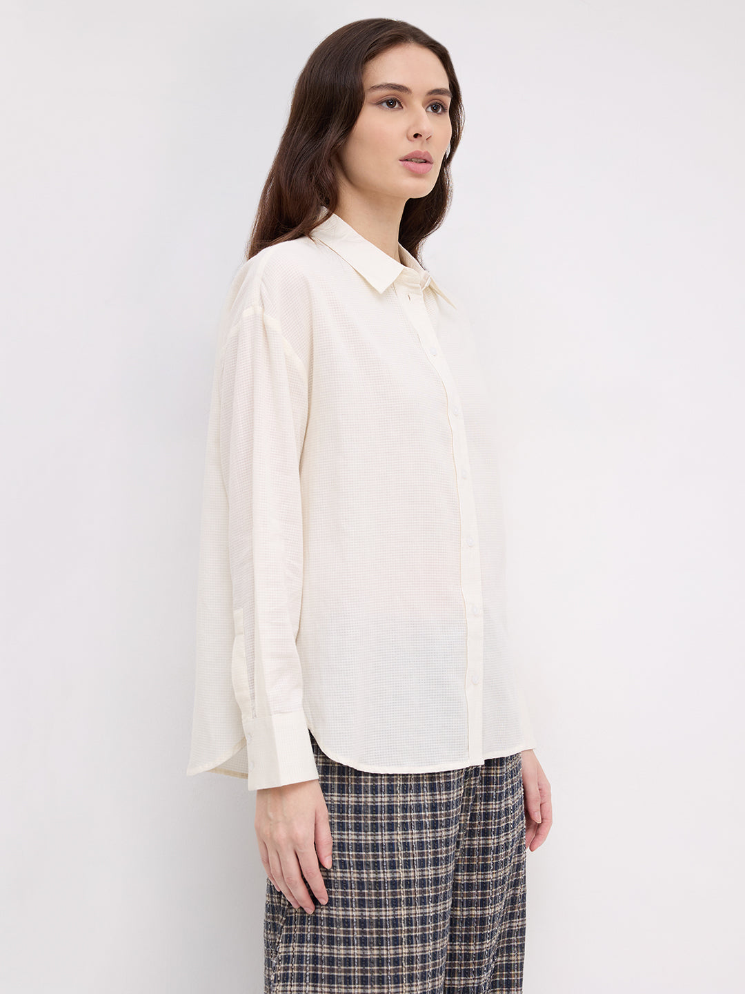 Off White Micro Checked Sheer Textured Oversized Shirt
