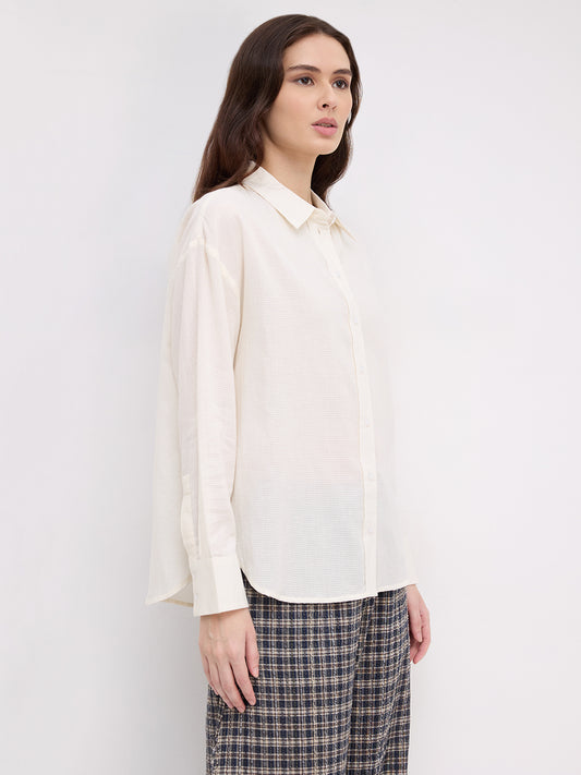 Off White Micro Checked Sheer Textured Oversized Shirt
