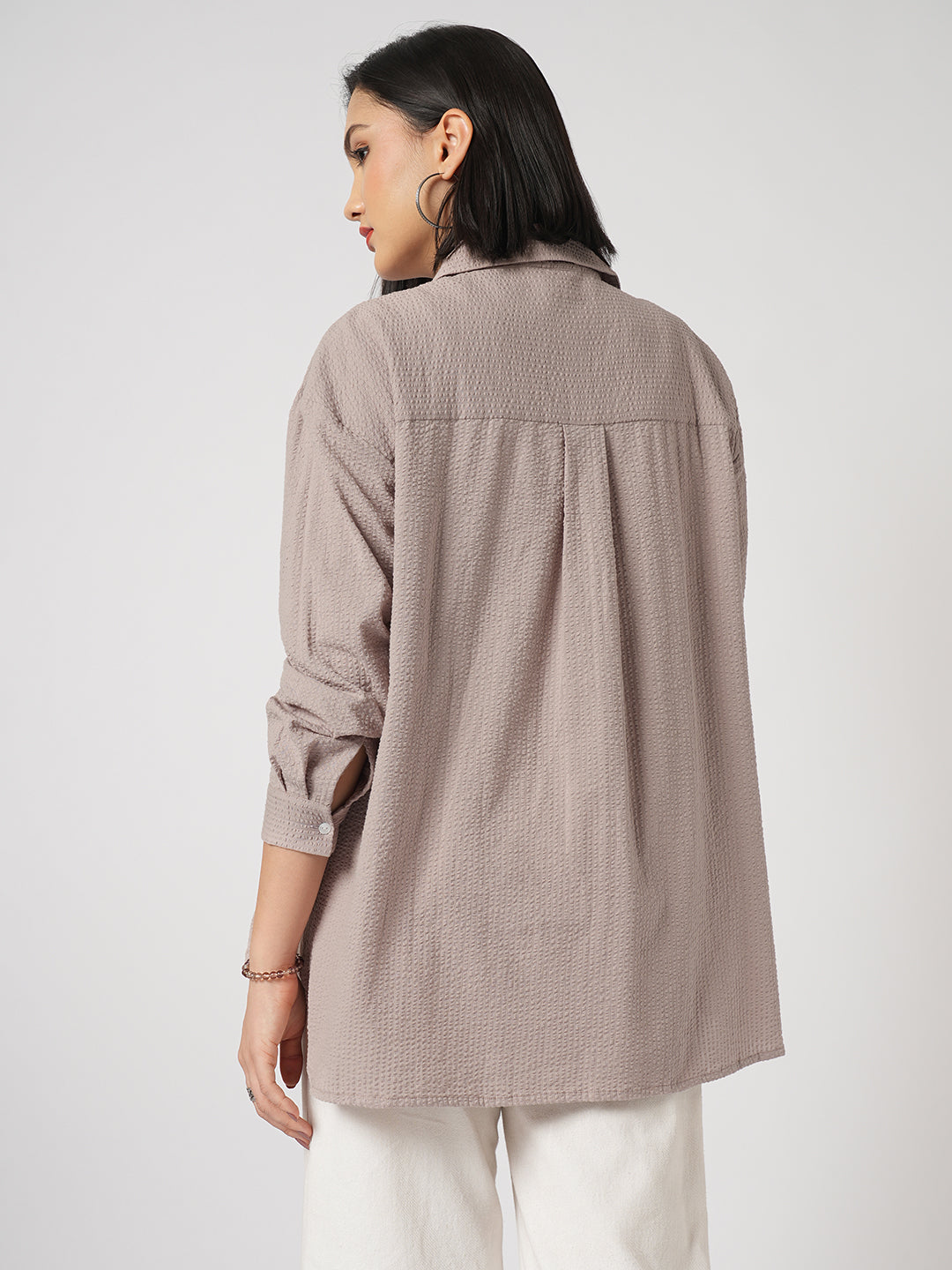 Light Taupe Brown Seersucker Oversized Shirt