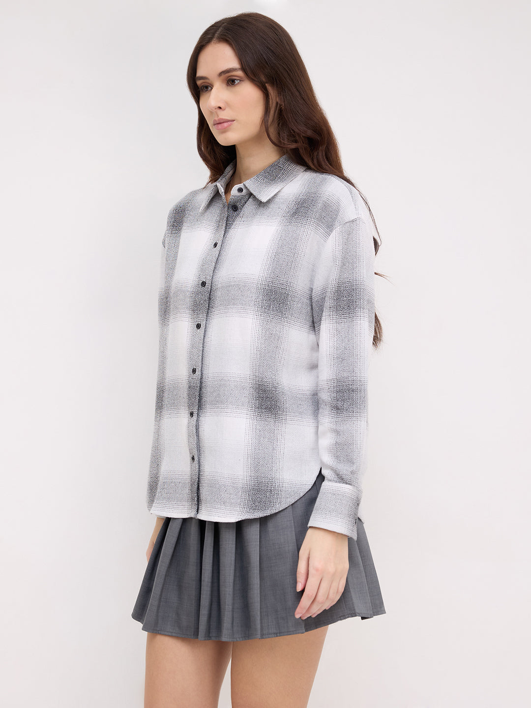 White & Black Fine Weave Broad Checked Oversized Flannel Shirt