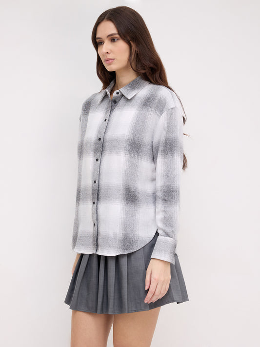White & Black Fine Weave Broad Checked Oversized Flannel Shirt