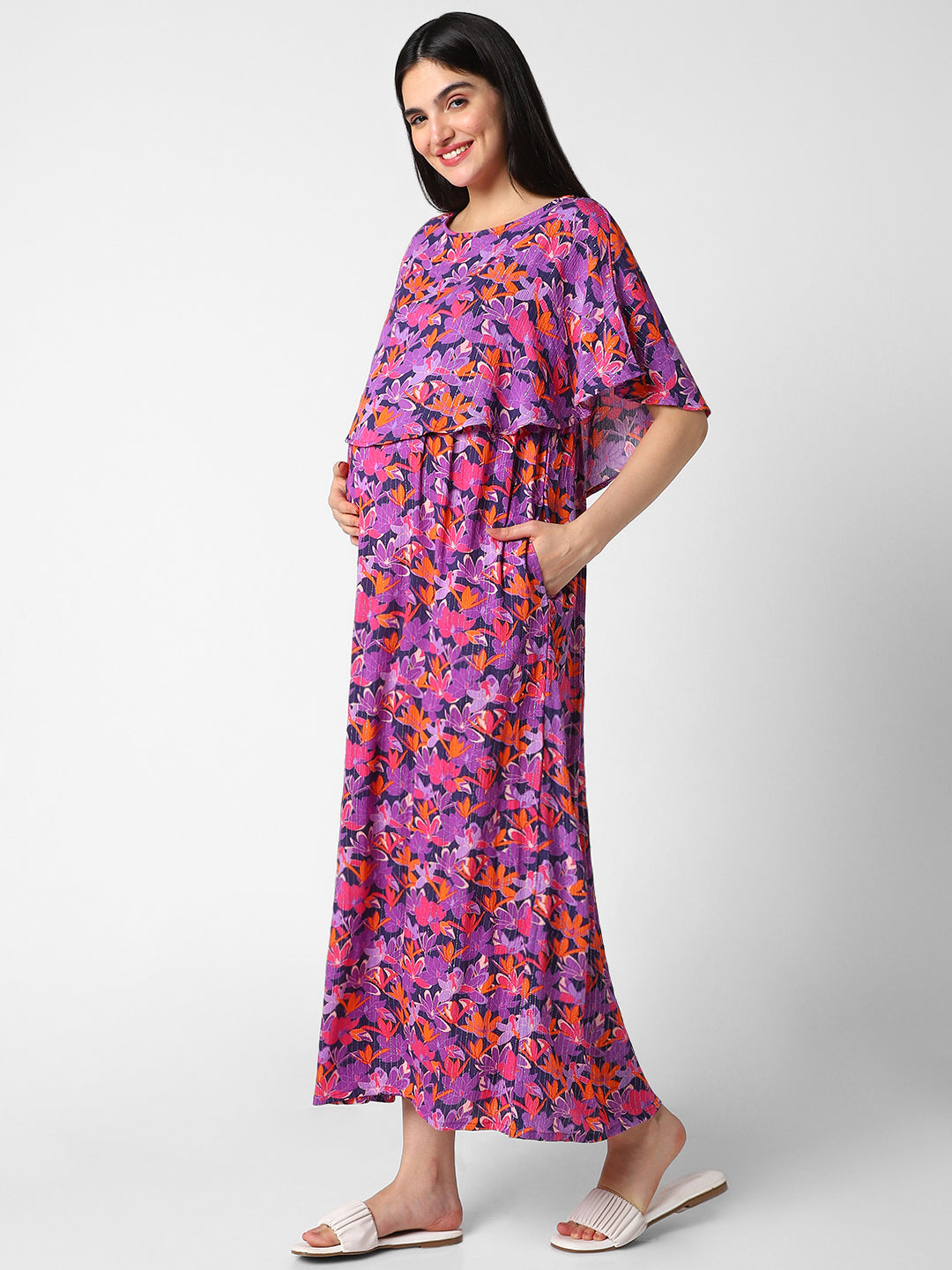 Multicolor Crinkled Floral Maternity Dress