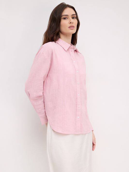 Soft Pink Air Striped Textured Overszsized Shirt