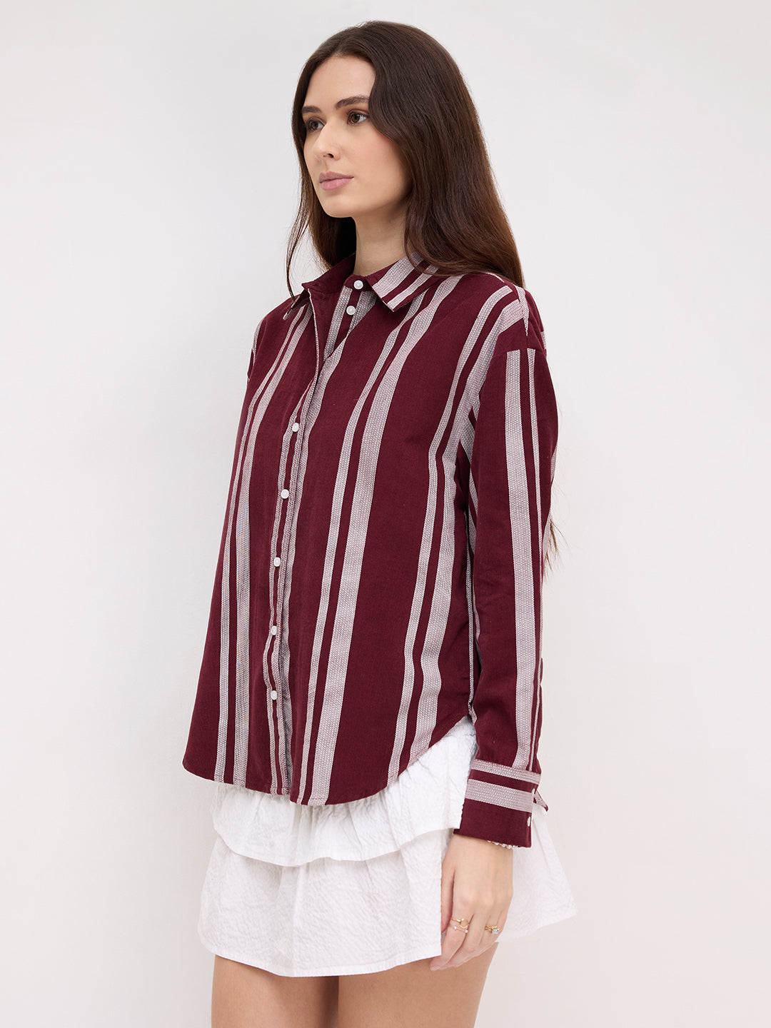Crimpson Maroon Corduroy Striped Oversized Shirt