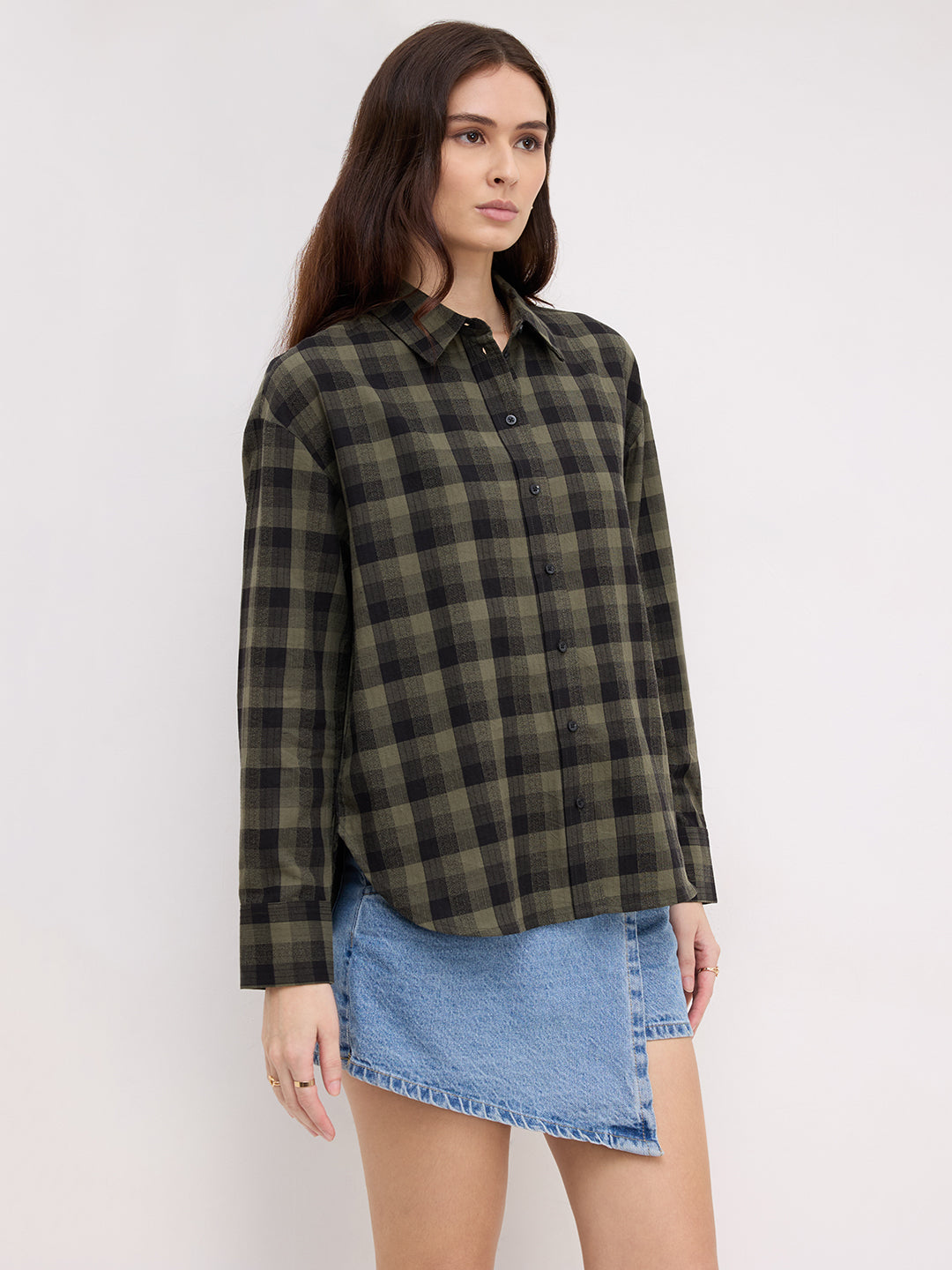 Olive & Black Tartan Checked Textured Oversized Shirt