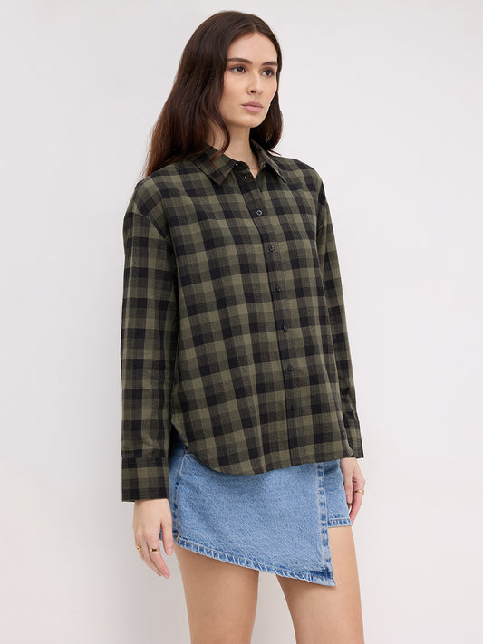 Olive & Black Tartan Checked Textured Oversized Shirt