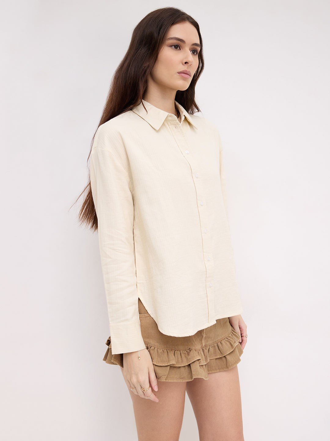 Pastel Beige Herringbone Textured Oversized Shirt