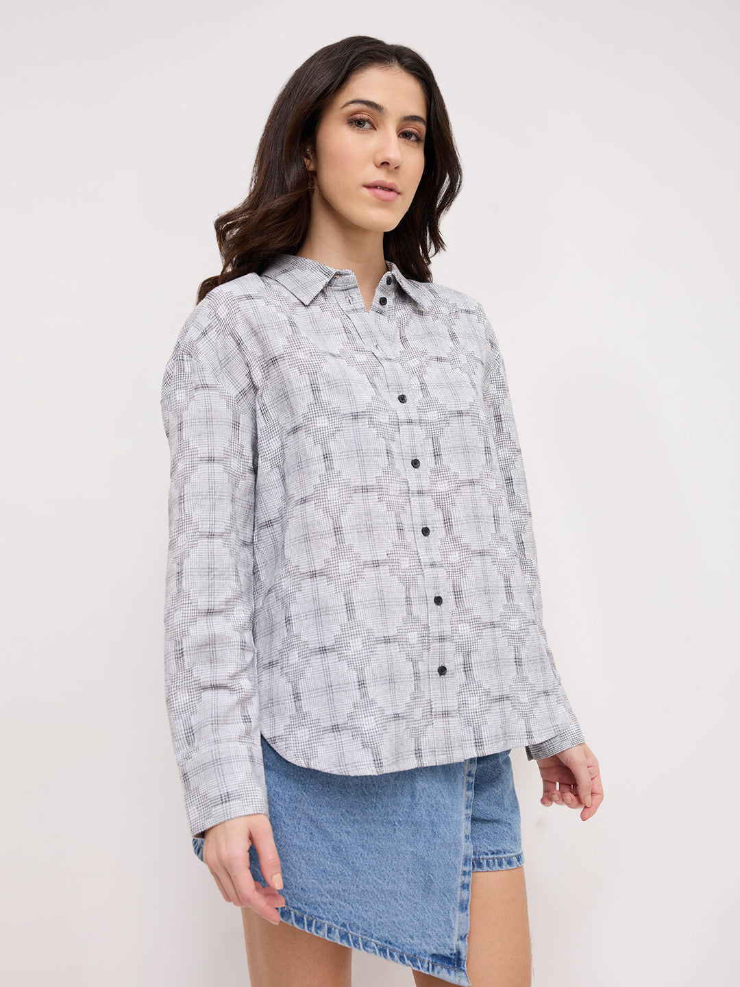 White & Black Gridlock Smokey Plaid Oversized Shirt