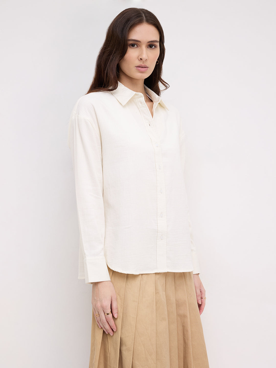 Pearl White Herringbone Textured Oversized Shirt