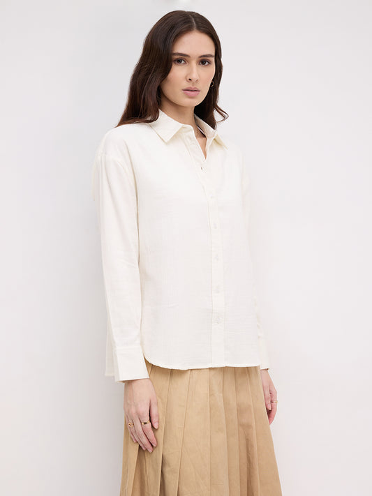 Pearl White Herringbone Textured Oversized Shirt