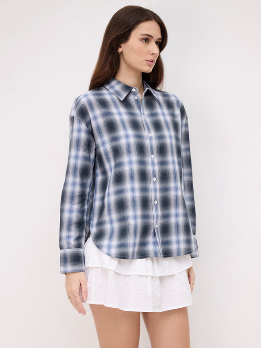 Navy Horizon Checked Oversized Shirt