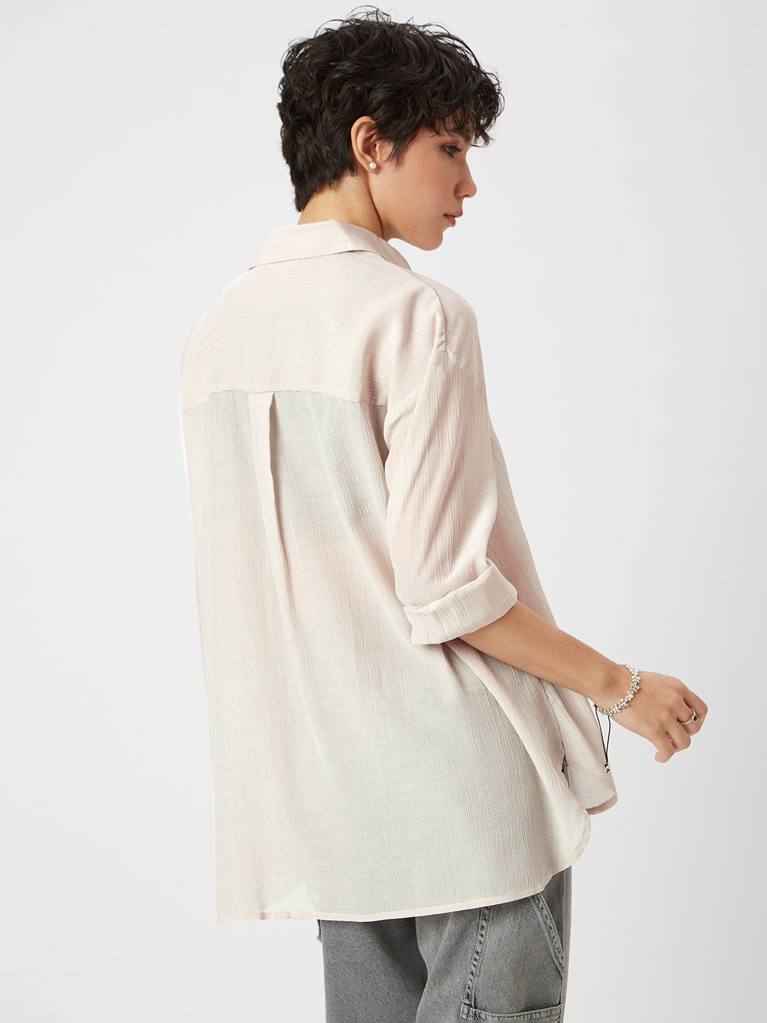 Glittery Beige Crinkled Oversized Shirt