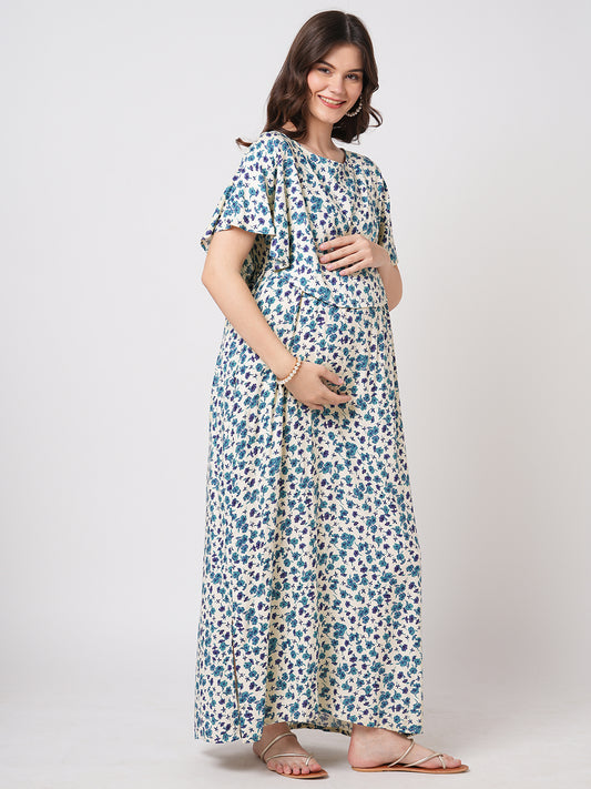 Ivory Vivid Blue Cosmos Floral Printed Maternity Dress
