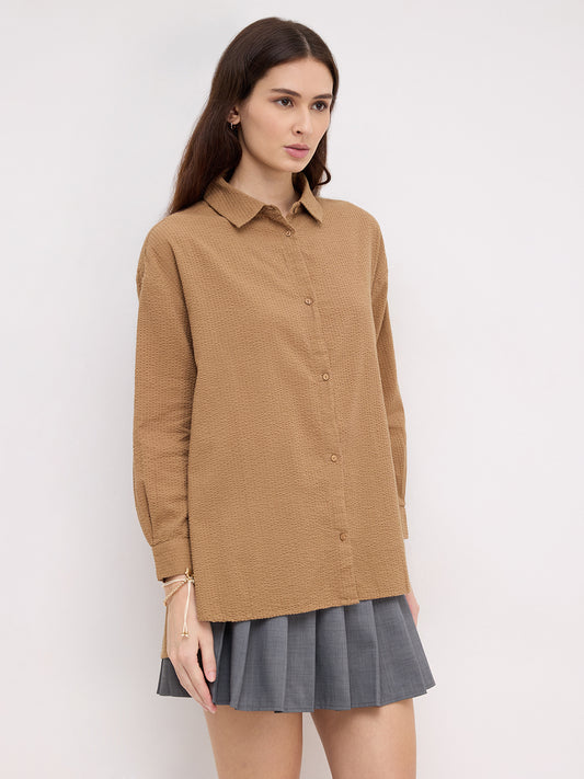 Tan Beige Seersucker Oversized Shirt