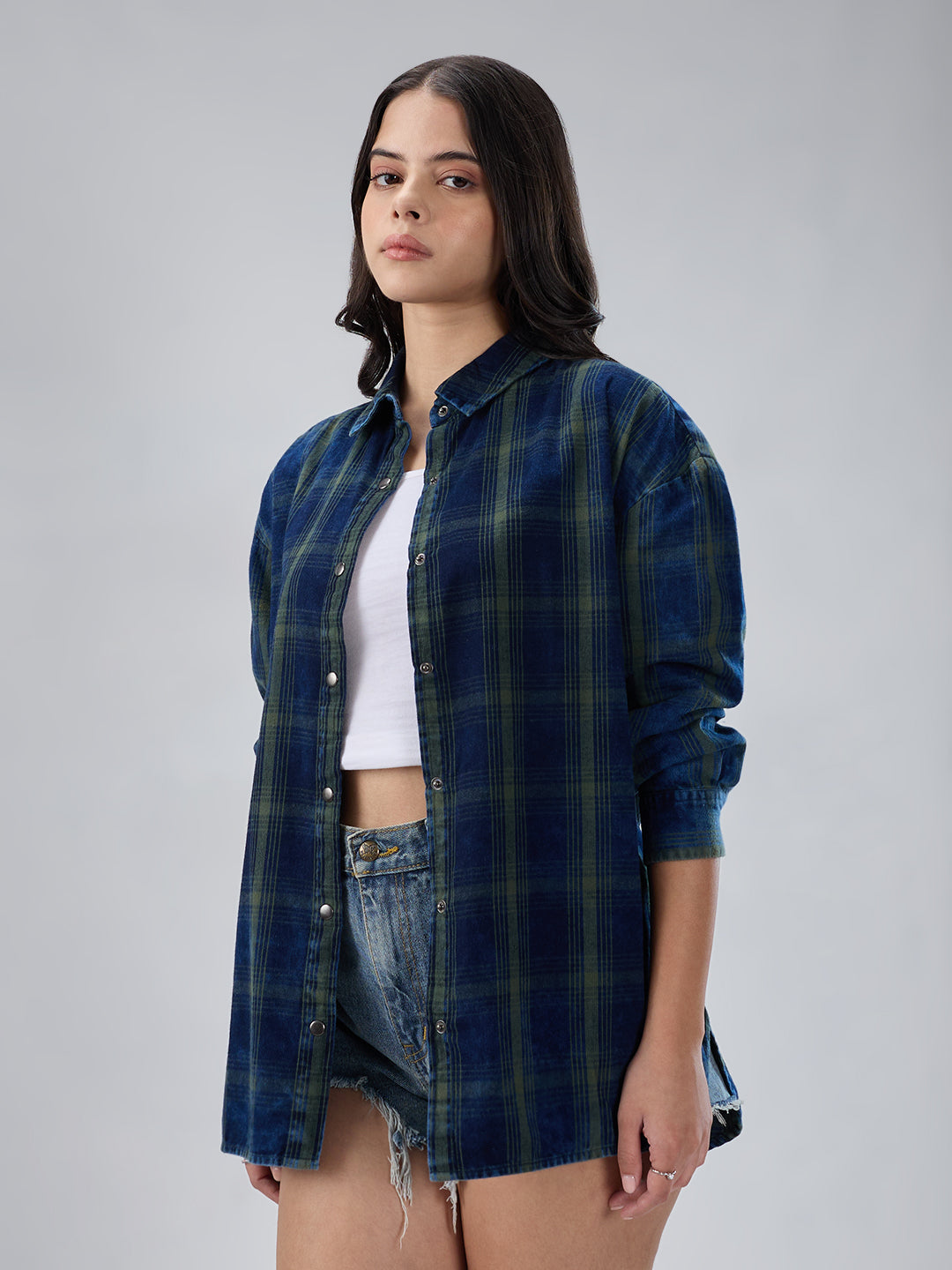 Navy & Olive Checkered Corduroy Oversized Shirt