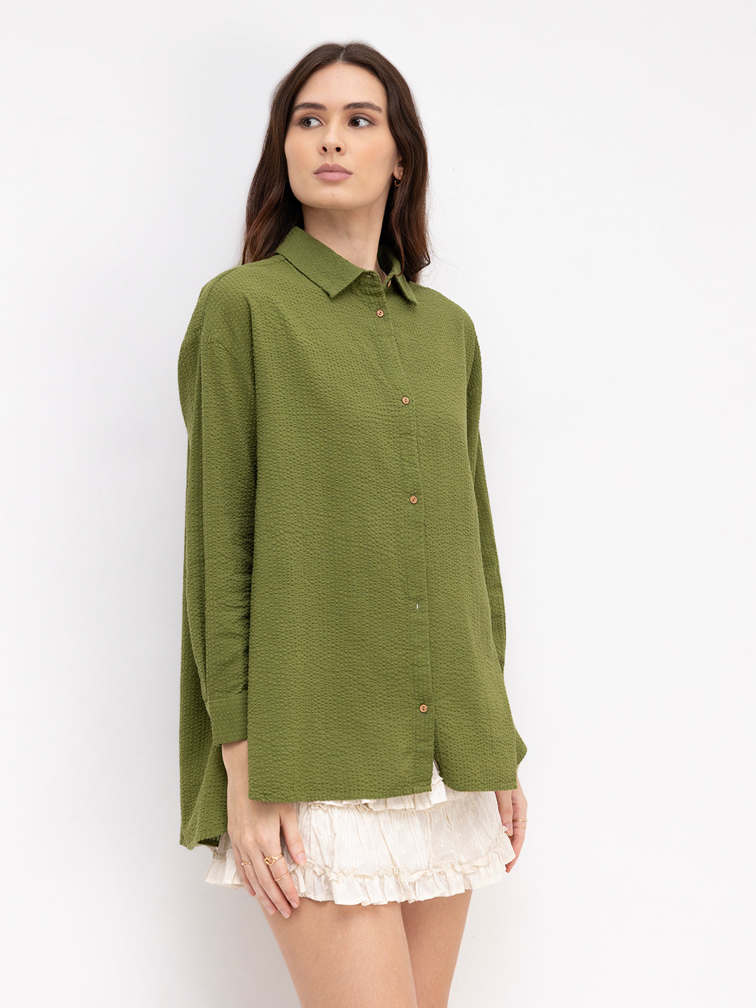 Olive Seersucker Oversized Shirt