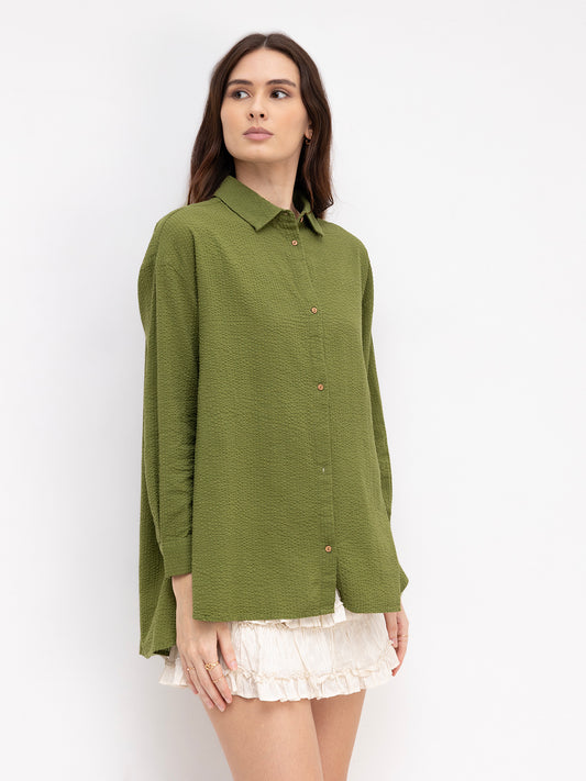 Olive Seersucker Oversized Shirt