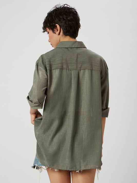 Glittery Olive Crinkled Oversized Shirt