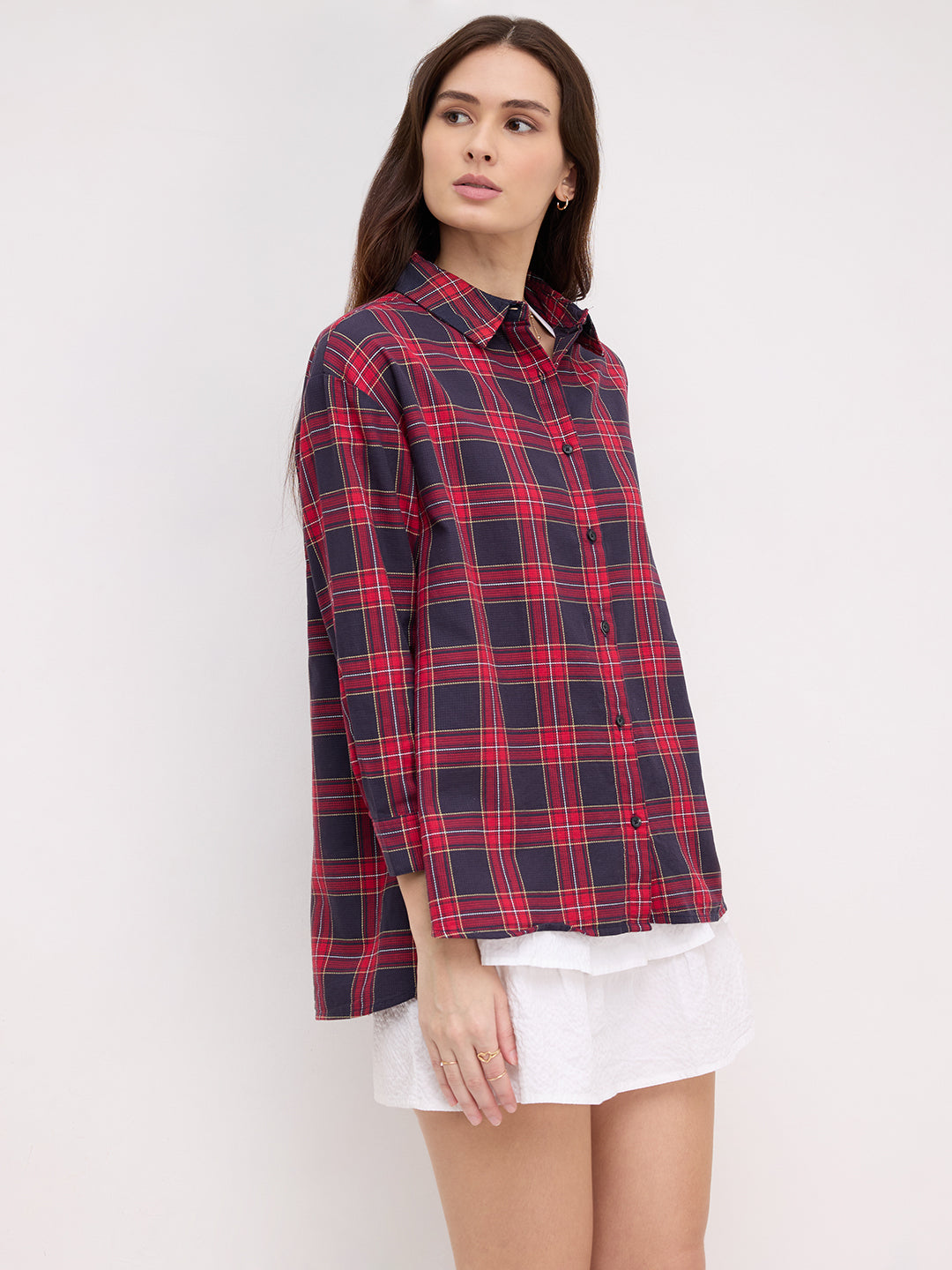 Red and Black Tartanique Checked Oversized Shirt