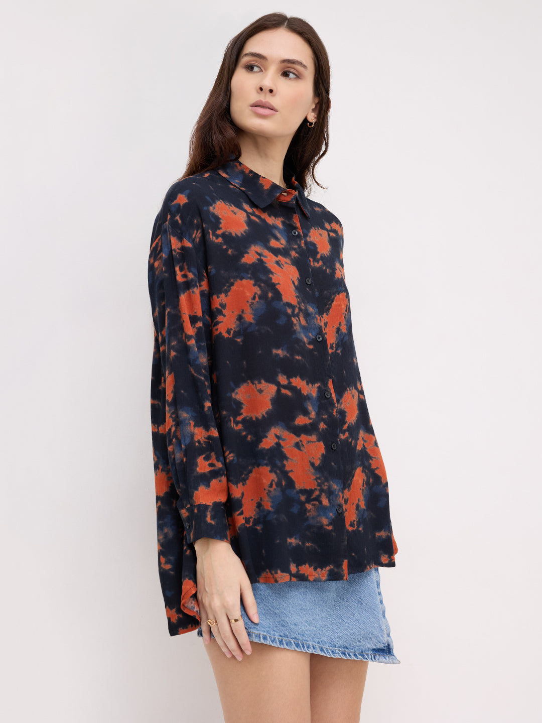 Black & Tangerine Tie- Dye Oversized Crepe Shirt