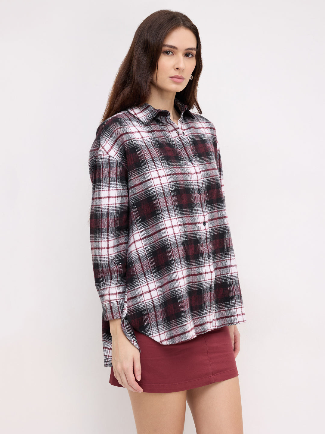 Maroon & White Checked Oversized Flannel Shirt