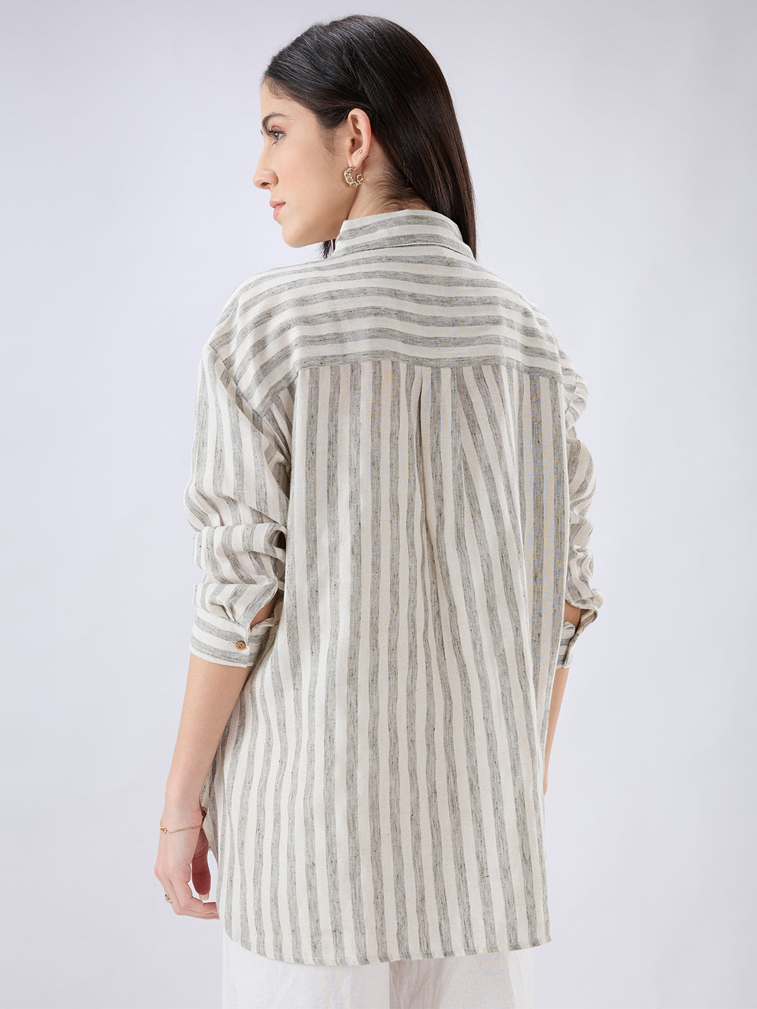 White & Blue Balanced Striped Linen Blend Oversized Shirt