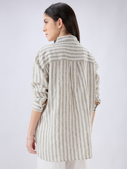 White & Blue Balanced Striped Linen Blend Oversized Shirt