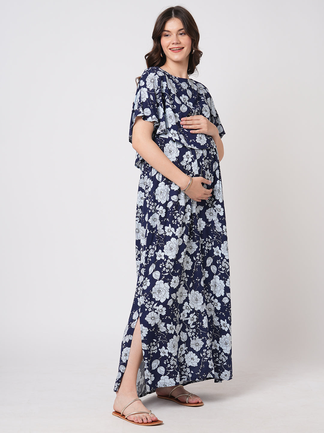 Chic Navy Blossom Printed Comfy Maternity Dress