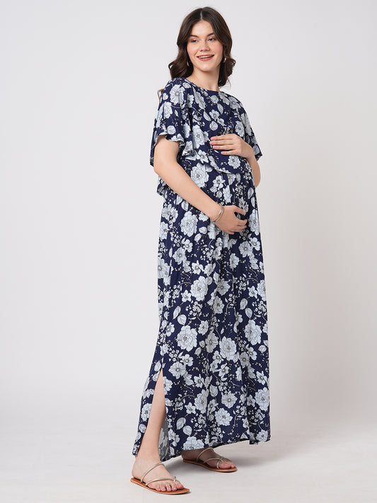 Chic Navy Blossom Printed Comfy Maternity Dress