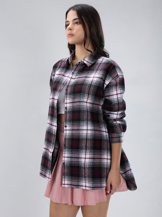 Maroon & White Checked Oversized Flannel Shirt