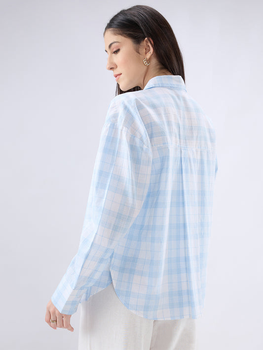 Soft Sky Blue Tartan Checked Oversized Shirt