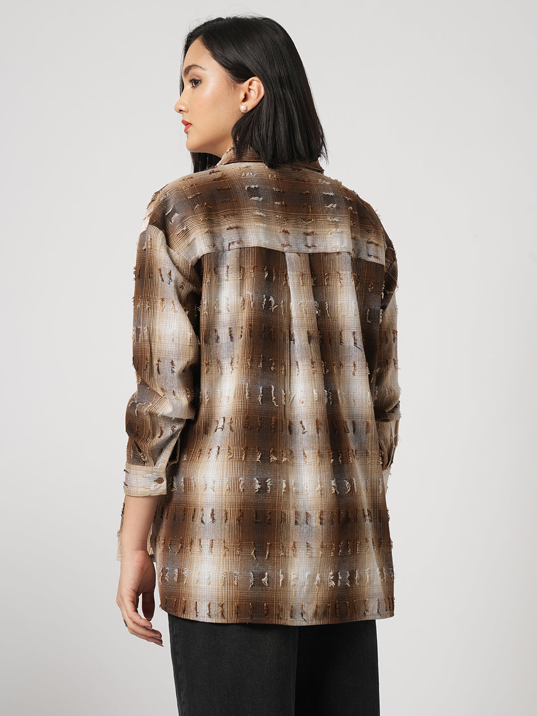 Brown & Beige Self Design Frayed Oversized Shirt