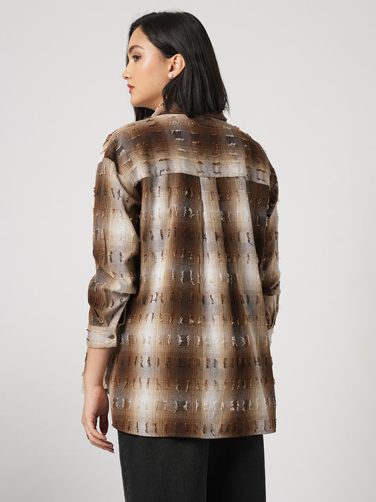 Brown & Beige Self Design Frayed Oversized Shirt