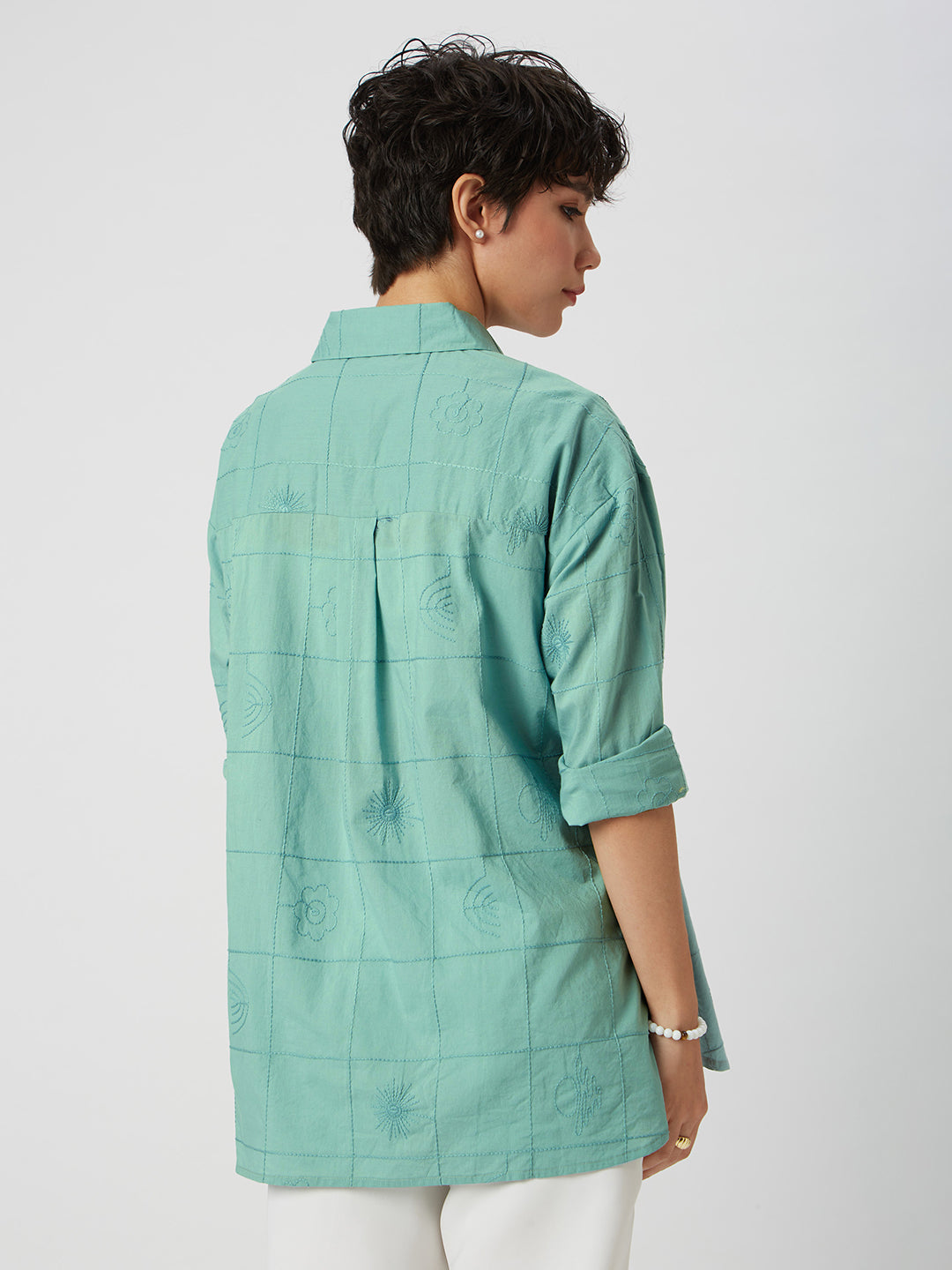 Turquoise Embroidered Oversized Shirt