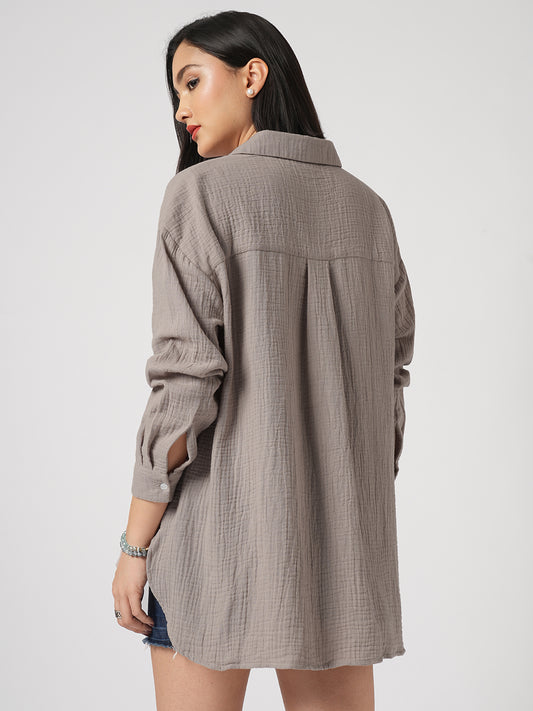Almond Beige Double Cloth Oversized Shirt